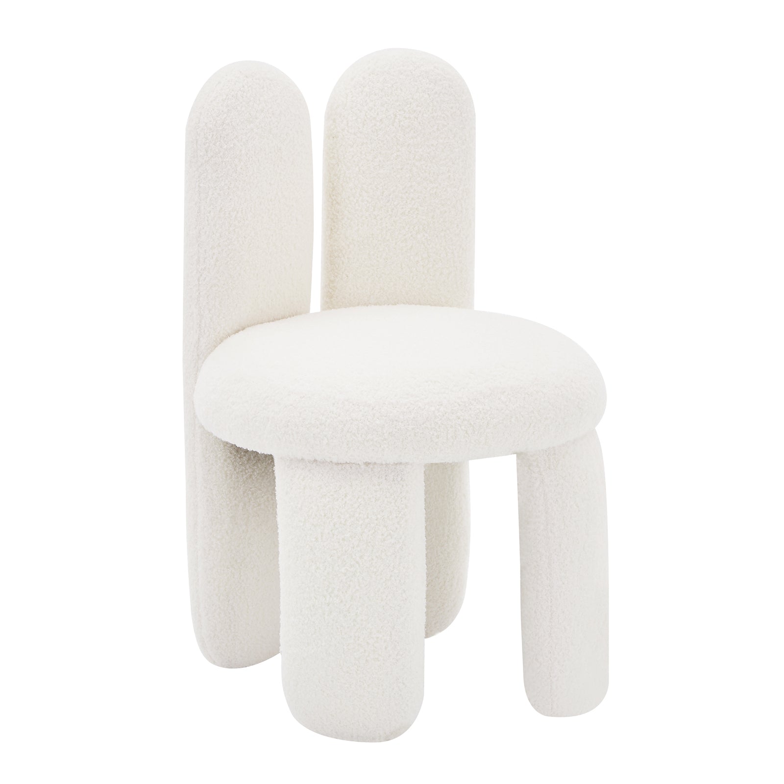 Flore Boucle Kids Chair with Bunny Ears in Cream White features a textured boucle fabric, round padded seat, cylindrical legs, and playful bunny-shaped backrest, perfect for children's spaces.