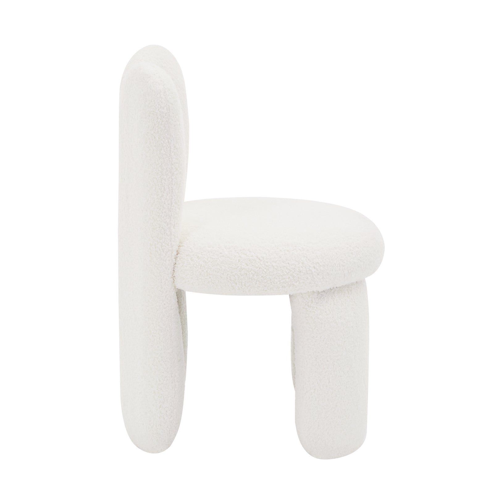 Flore Boucle Kids Chair with Bunny Ears, featuring a rounded seat in white boucle fabric, chunky cylindrical front legs, and a slim backrest, perfect for playful and cozy seating.