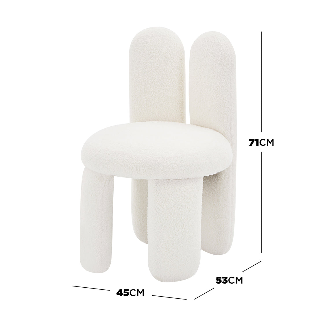 Flore Boucle Kids Chair with Bunny Ears in Cream White features a plush, tubular form with a playful bunny-shaped backrest and chunky cylindrical legs, perfectly sized for children's comfort and style.
