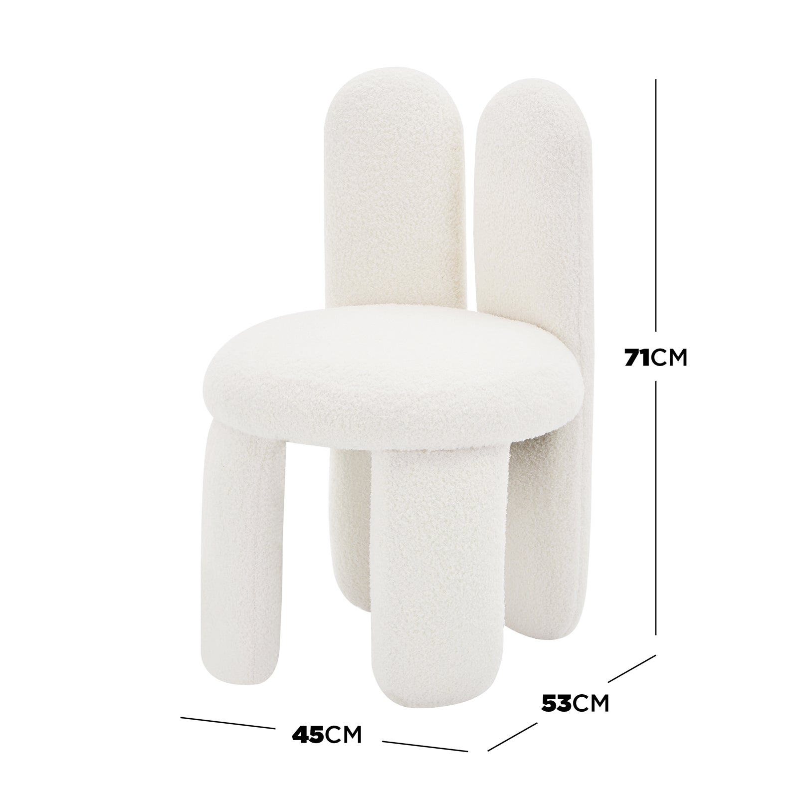 Flore Boucle Kids Chair with Bunny Ears in Cream White features a plush, tubular form with a playful bunny-shaped backrest and chunky cylindrical legs, perfectly sized for children's comfort and style.