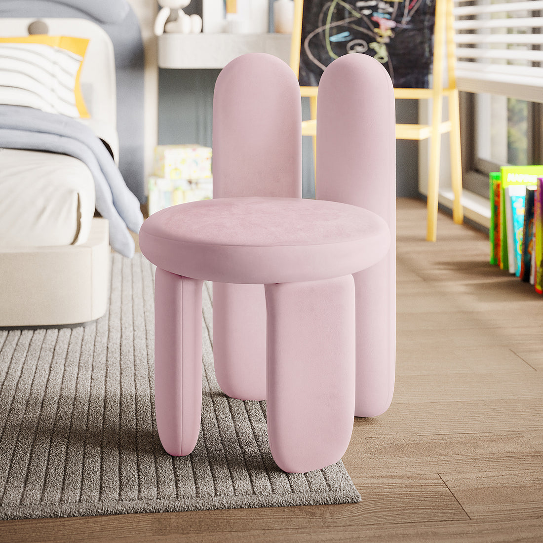 Flore Velvet Bunny Backrest Kids Chair Light Pink featuring a plush bunny-shaped backrest, displayed in a cozy room setting, ideal for enhancing children's spaces with comfort and whimsical charm.
