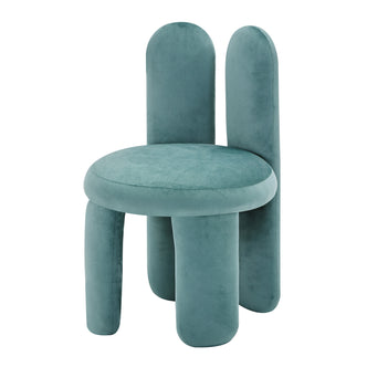 Flore Velvet Kids Chair with Bunny Ears in Seafoam Green, featuring a teal velvety fabric, round padded seat, cylindrical legs, and whimsical bunny-shaped backrest, offering comfort and playful charm for children.