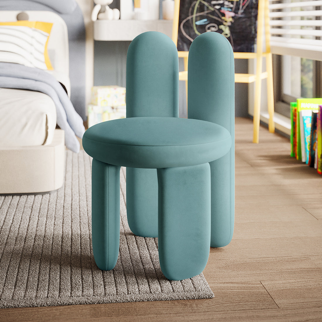 Flore Velvet Kids Chair with Bunny Ears in Seafoam Green, featuring a round seat, pill-shaped legs, and playful bunny-shaped backrests, set in a stylish, cozy children's bedroom.