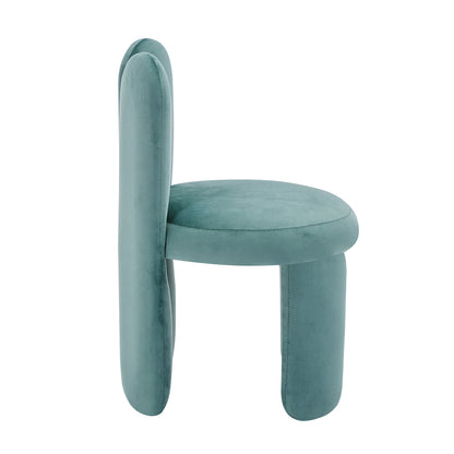 Flore Velvet Kids Chair with Bunny Ears in Seafoam Green features a soft teal-blue velvet, circular seat, tall rounded backrest with bunny shape, and front cylindrical legs for a playful, elegant look.