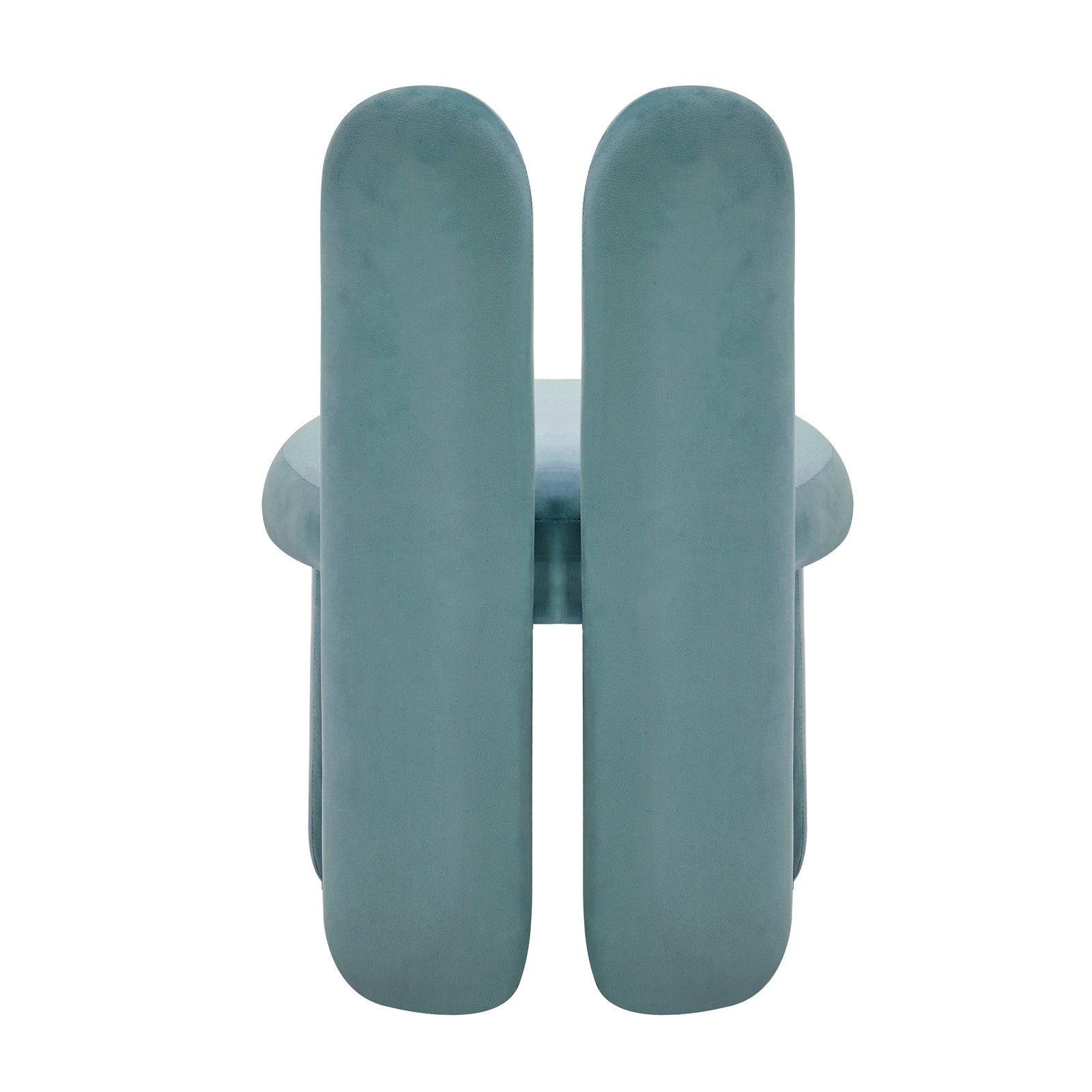 Flore Velvet Kids Chair with Bunny Ears in Seafoam Green, featuring plush, sculptural pill-shaped cushions on a low frame, offering whimsical charm and comfort for children's spaces.