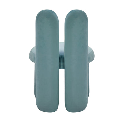 Flore Velvet Kids Chair with Bunny Ears in Seafoam Green, featuring plush, sculptural pill-shaped cushions on a low frame, offering whimsical charm and comfort for children's spaces.