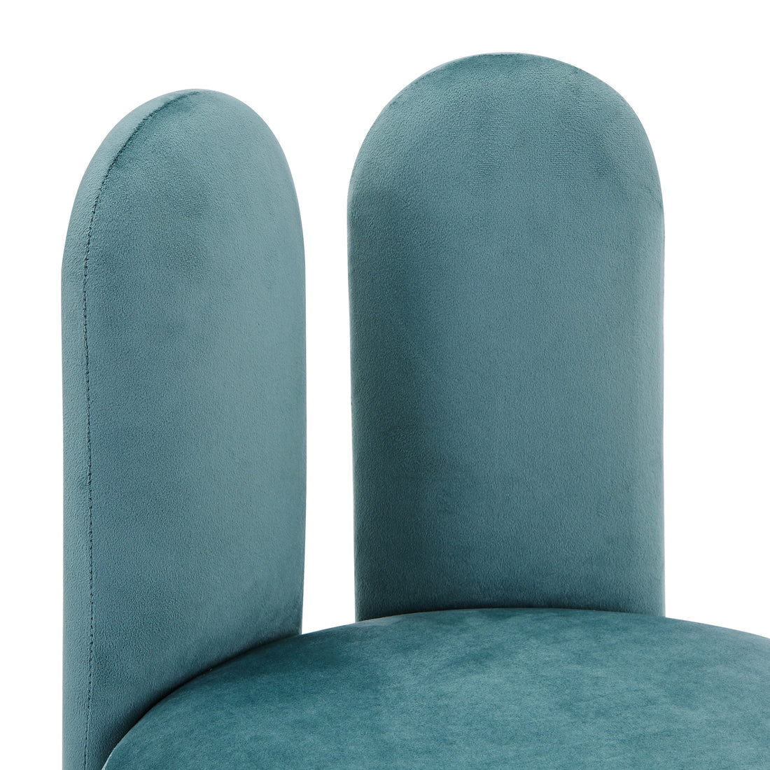 Flore Velvet Kids Chair with Bunny Ears in Seafoam Green features pill-shaped, velvet-upholstered backrests resembling bunny ears on a circular seat pad, exuding playful elegance and comfort for children.