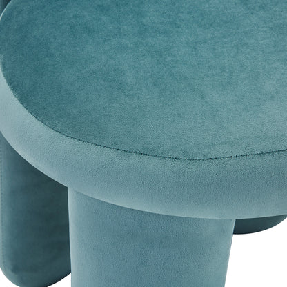 Flore Velvet Kids Chair with Bunny Ears in Seafoam Green, featuring a round, teal-blue velvet-upholstered stool with a circular padded top and chunky, tubular legs covered in soft fabric.