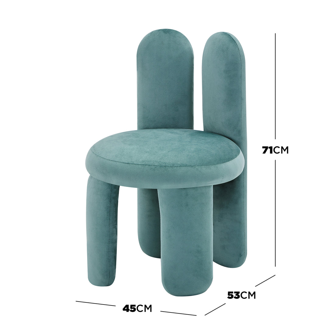 Flore Velvet Kids Chair with Bunny Ears in Seafoam Green, featuring a plush velvet round seat, two tall bunny-shaped backrests, and sturdy cylindrical legs. Dimensions: 53 x 45 x 71 cm.