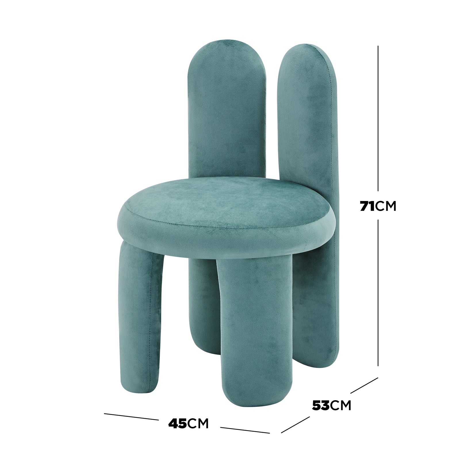 Flore Velvet Kids Chair with Bunny Ears in Seafoam Green, featuring a plush velvet round seat, two tall bunny-shaped backrests, and sturdy cylindrical legs. Dimensions: 53 x 45 x 71 cm.