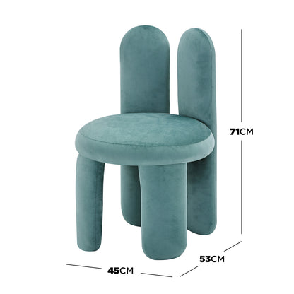 Flore Velvet Kids Chair with Bunny Ears in Seafoam Green, featuring a plush velvet round seat, two tall bunny-shaped backrests, and sturdy cylindrical legs. Dimensions: 53 x 45 x 71 cm.