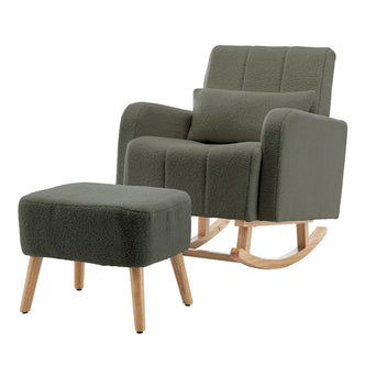 Gamila Boucle Rocking Chair with Ottoman, upholstered in dark olive, features plush fabric, natural wood legs, curved rockers, and includes a lumbar cushion, offering a stylish and comfortable seating ensemble.