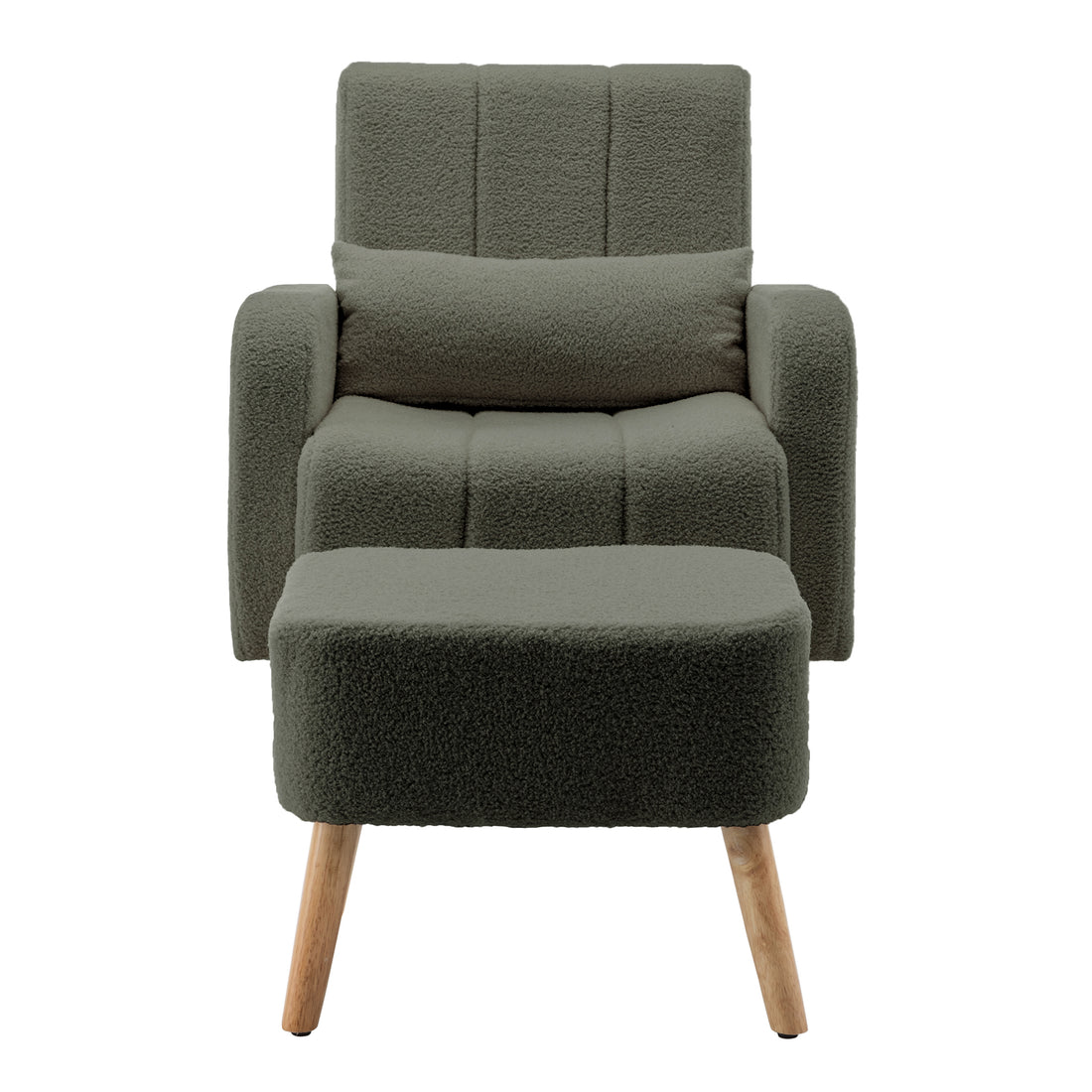 Gamila Boucle Rocking Chair with Ottoman in Green, featuring textured boucle upholstery, padded backrest, armrests, loose lumbar cushion, and outward-tapered wooden legs, offering comfort and style.