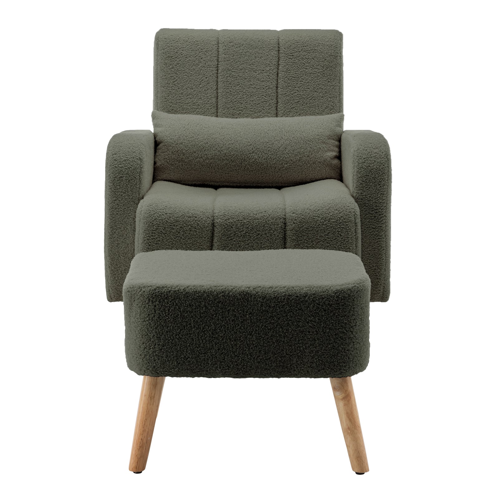 Gamila Boucle Rocking Chair with Ottoman in Green, featuring textured boucle upholstery, padded backrest, armrests, loose lumbar cushion, and outward-tapered wooden legs, offering comfort and style.