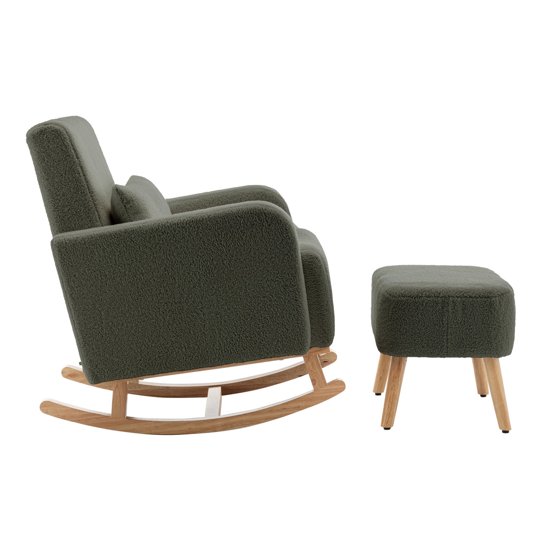 Gamila Boucle Rocking Chair with Ottoman in Green, featuring a high back, integrated armrests, textured fabric, and wooden rocker rails, with a matching ottoman on tapered wooden legs.