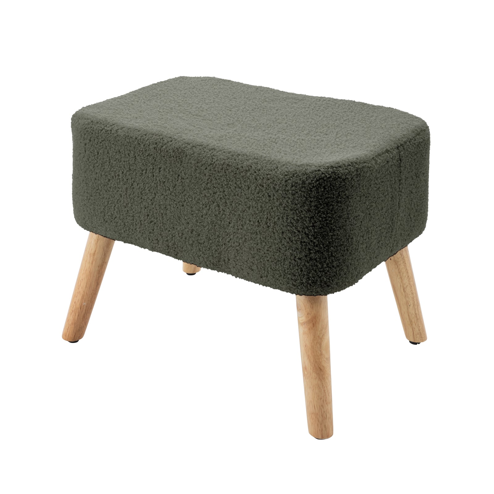 Green Gamila Boucle Rocking Chair's matching ottoman, featuring lightly-finished wooden legs and a dark green, textured bouclé-style fabric top, complements the chair's elegant, plush design.