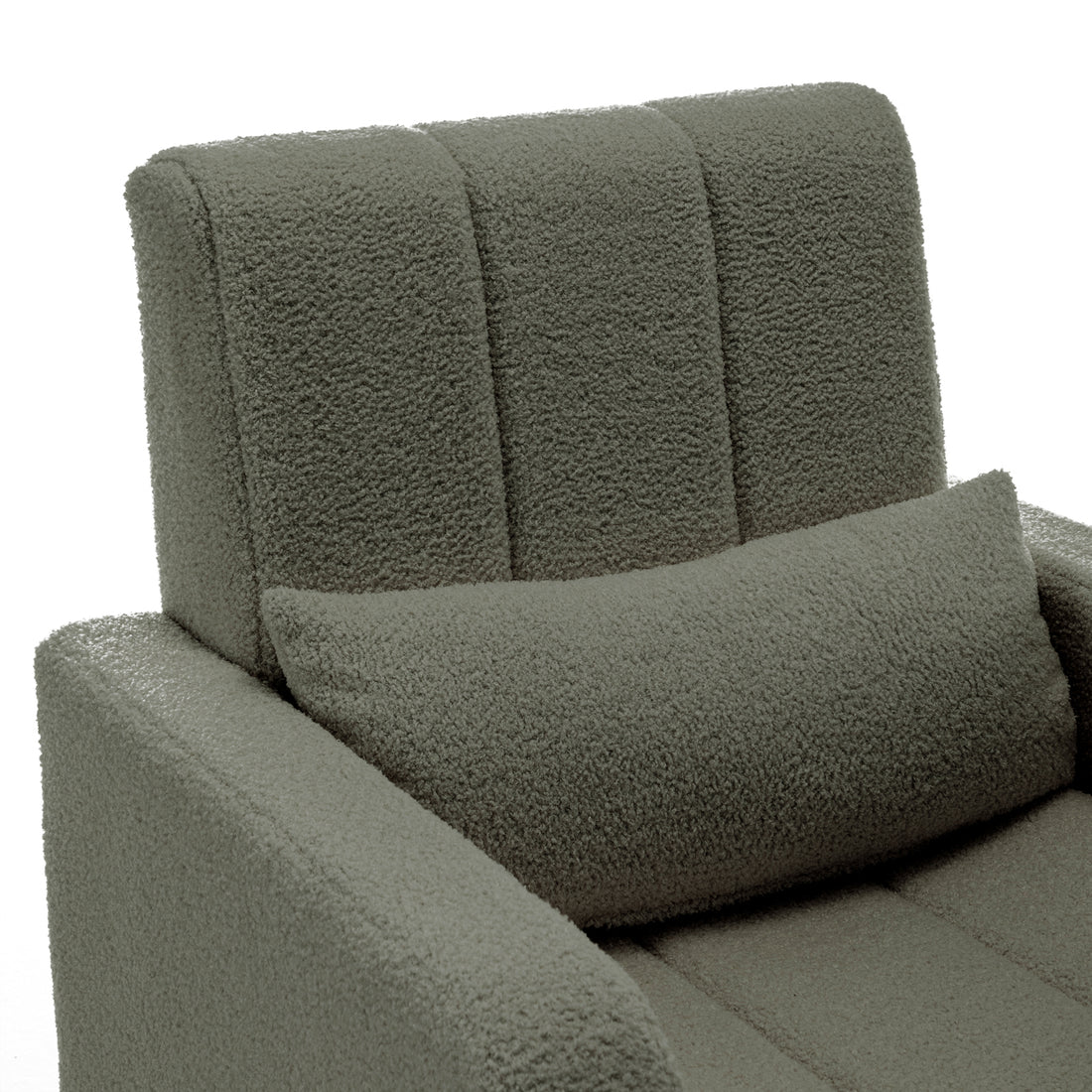 Close-up of the Gamila Boucle Rocking Chair with Ottoman in Green, showcasing its textured boucle upholstery, padded armrest, channel-stitched backrest, and a matching lumbar cushion for comfortable seating.