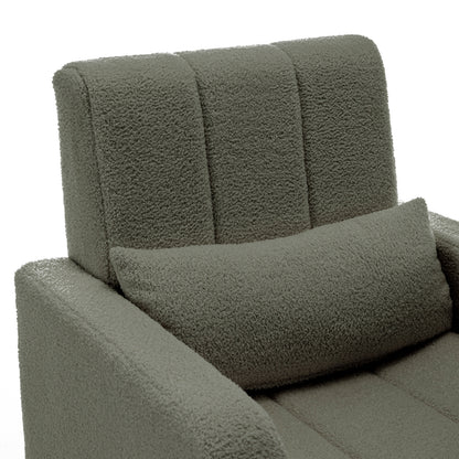 Close-up of the Gamila Boucle Rocking Chair with Ottoman in Green, showcasing its textured boucle upholstery, padded armrest, channel-stitched backrest, and a matching lumbar cushion for comfortable seating.
