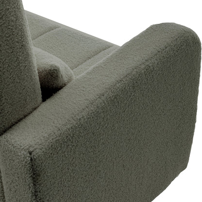 Close-up of the Gamila Boucle Rocking Chair with Ottoman in Green, showcasing the corner with an armrest and part of the seat/back cushions in looped bouclé fabric.