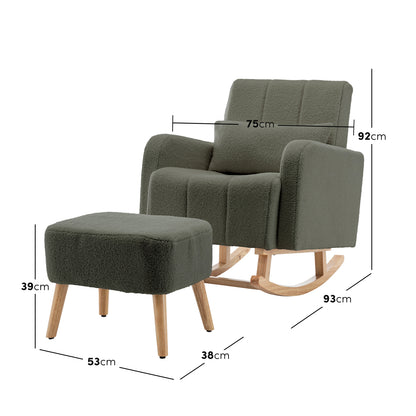 Gamila Boucle Rocking Chair with Ottoman in Green, featuring boucle upholstery, natural-finish wooden rockers, high-density foam seating, armrests, and a matching footstool. Ideal for stylish comfort and relaxation.