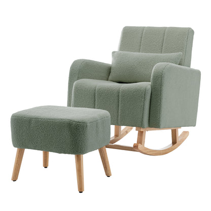Gamila Boucle Rocking Chair with Ottoman in Mint Green featuring soft upholstery, a padded armchair on a wooden rocking base, a matching ottoman, and a small lumbar pillow.