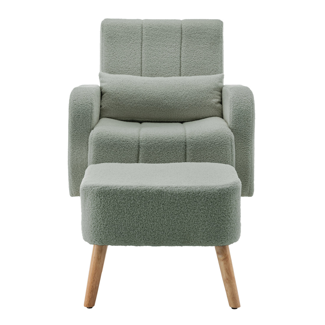 Gamila Boucle Rocking Chair with Ottoman in sage-green, featuring soft boucle fabric, tapered wooden legs, and matching ottoman, designed for comfort and elegance in living spaces or nurseries.