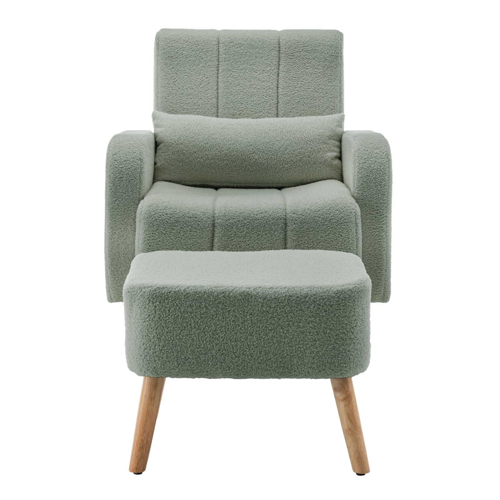 Gamila Boucle Rocking Chair with Ottoman in sage-green, featuring soft boucle fabric, tapered wooden legs, and matching ottoman, designed for comfort and elegance in living spaces or nurseries.