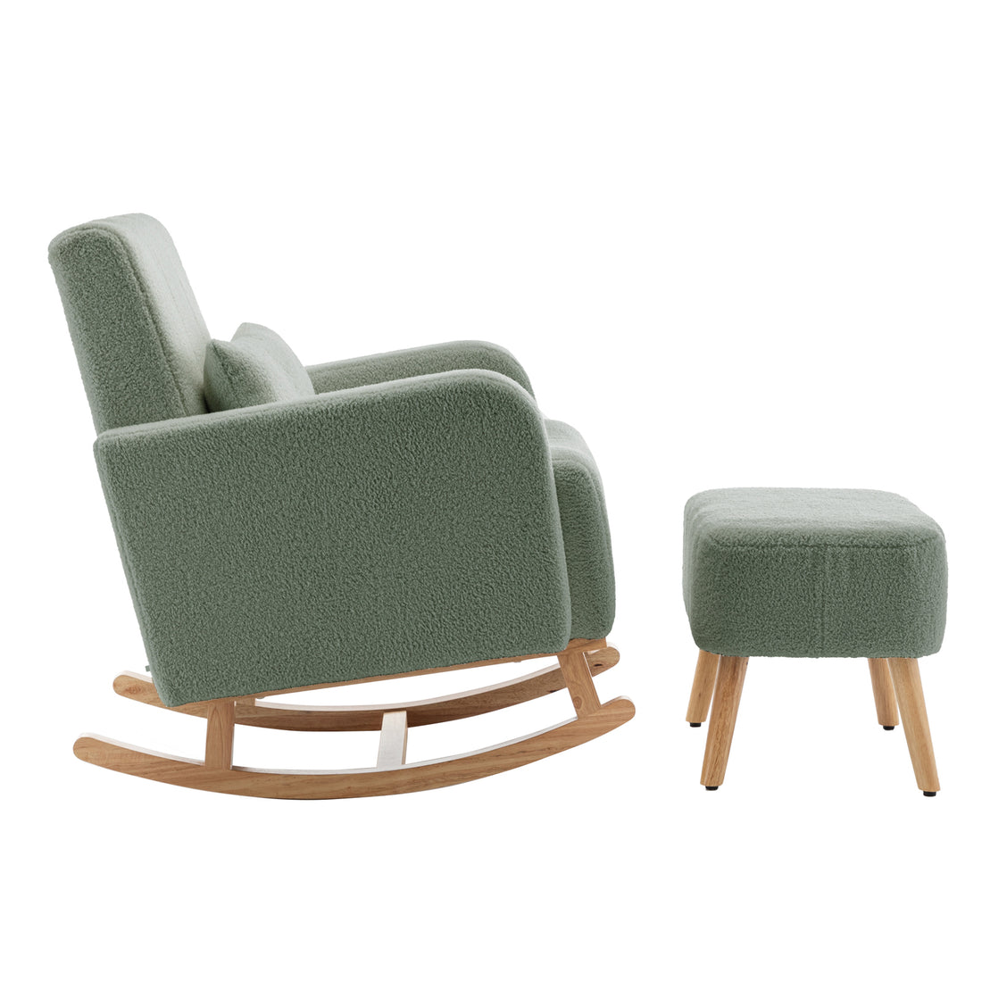 Gamila Boucle Rocking Chair with Ottoman in Mint Green, featuring soft bouclé fabric, cushioned back, curved wooden rockers, and a padded ottoman on straight wooden legs for stylish comfort.
