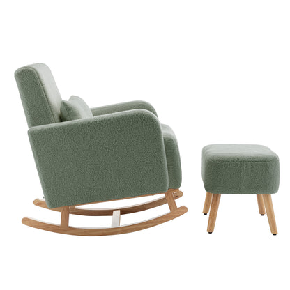 Gamila Boucle Rocking Chair with Ottoman in Mint Green, featuring soft bouclé fabric, cushioned back, curved wooden rockers, and a padded ottoman on straight wooden legs for stylish comfort.