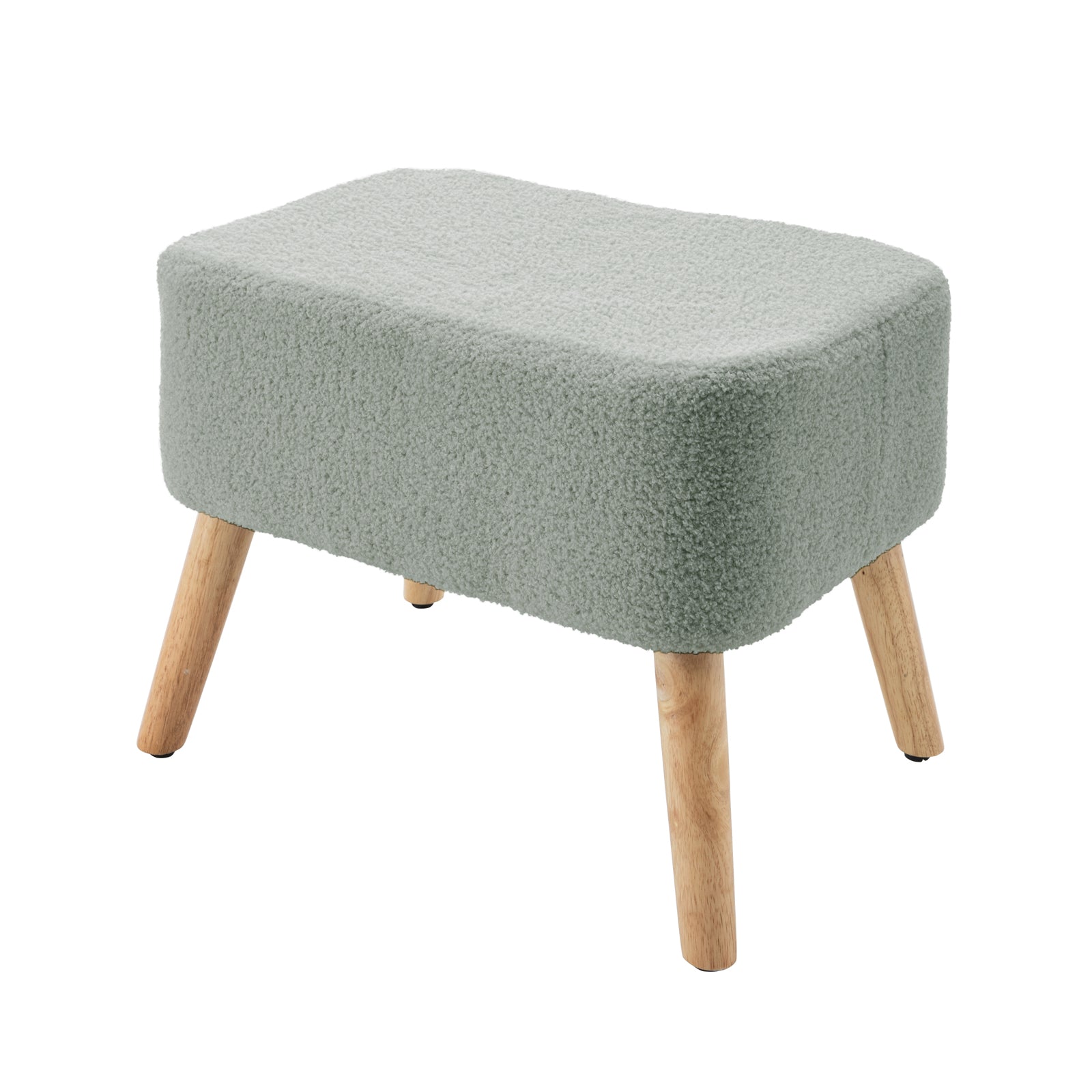 Mint green Gamila Boucle Rocking Chair with Ottoman featuring a boucle-style fabric and four natural wood legs. The ottoman complements the chair, providing a cohesive and stylish look.