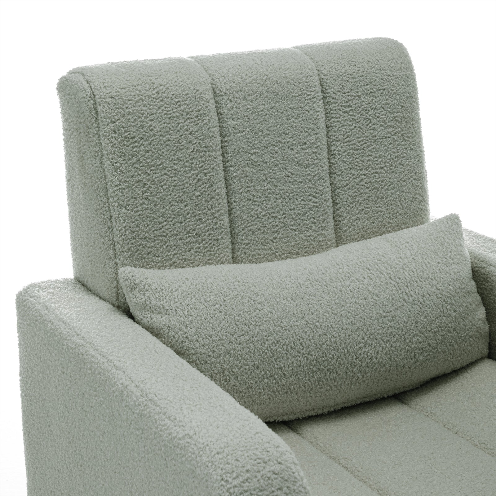 Gamila Boucle Rocking Chair with Ottoman in Mint Green, featuring boucle fabric, padded armrests, vertically-channeled back, and a matching lumbar pillow, offering a stylish and comfortable seating experience.