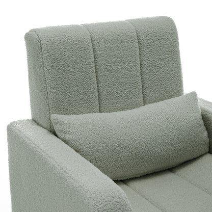 Gamila Boucle Rocking Chair with Ottoman in Mint Green, featuring boucle fabric, padded armrests, vertically-channeled back, and a matching lumbar pillow, offering a stylish and comfortable seating experience.