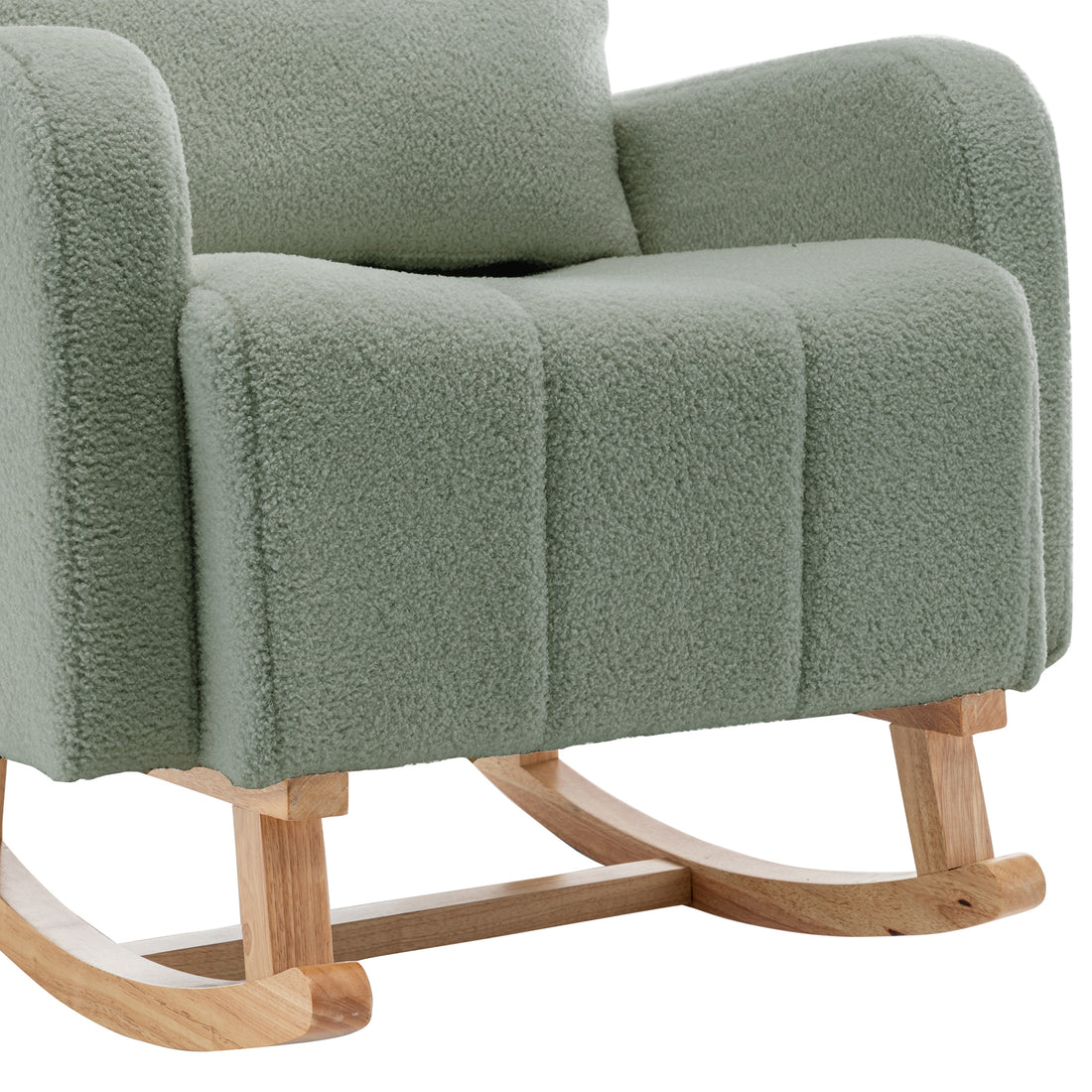 The Gamila Boucle Rocking Chair with Ottoman in Mint Green features soft sage-green boucle fabric and a curved wooden rocker base, showcasing comfort and style in a compact design.