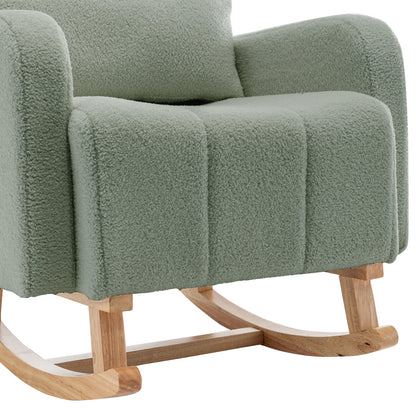 The Gamila Boucle Rocking Chair with Ottoman in Mint Green features soft sage-green boucle fabric and a curved wooden rocker base, showcasing comfort and style in a compact design.