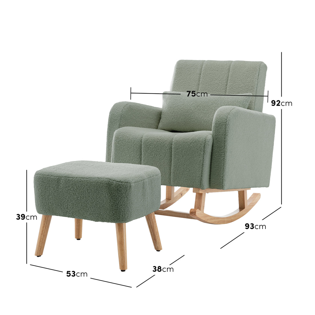 Gamila Boucle Rocking Chair with Ottoman in Mint Green, featuring a plush, channel-cushioned seat, removable pillow, natural-wood curved rockers, and angled ottoman legs, offering Scandinavian-inspired comfort and style.