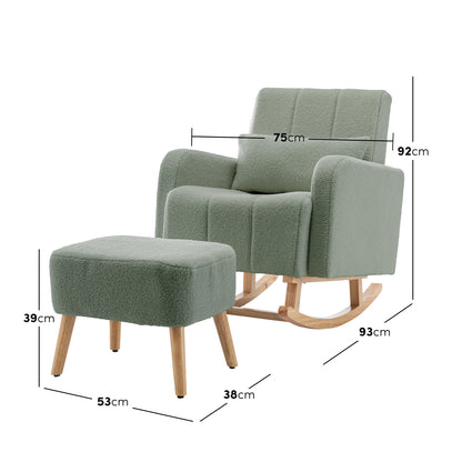 Gamila Boucle Rocking Chair with Ottoman in Mint Green, featuring a plush, channel-cushioned seat, removable pillow, natural-wood curved rockers, and angled ottoman legs, offering Scandinavian-inspired comfort and style.