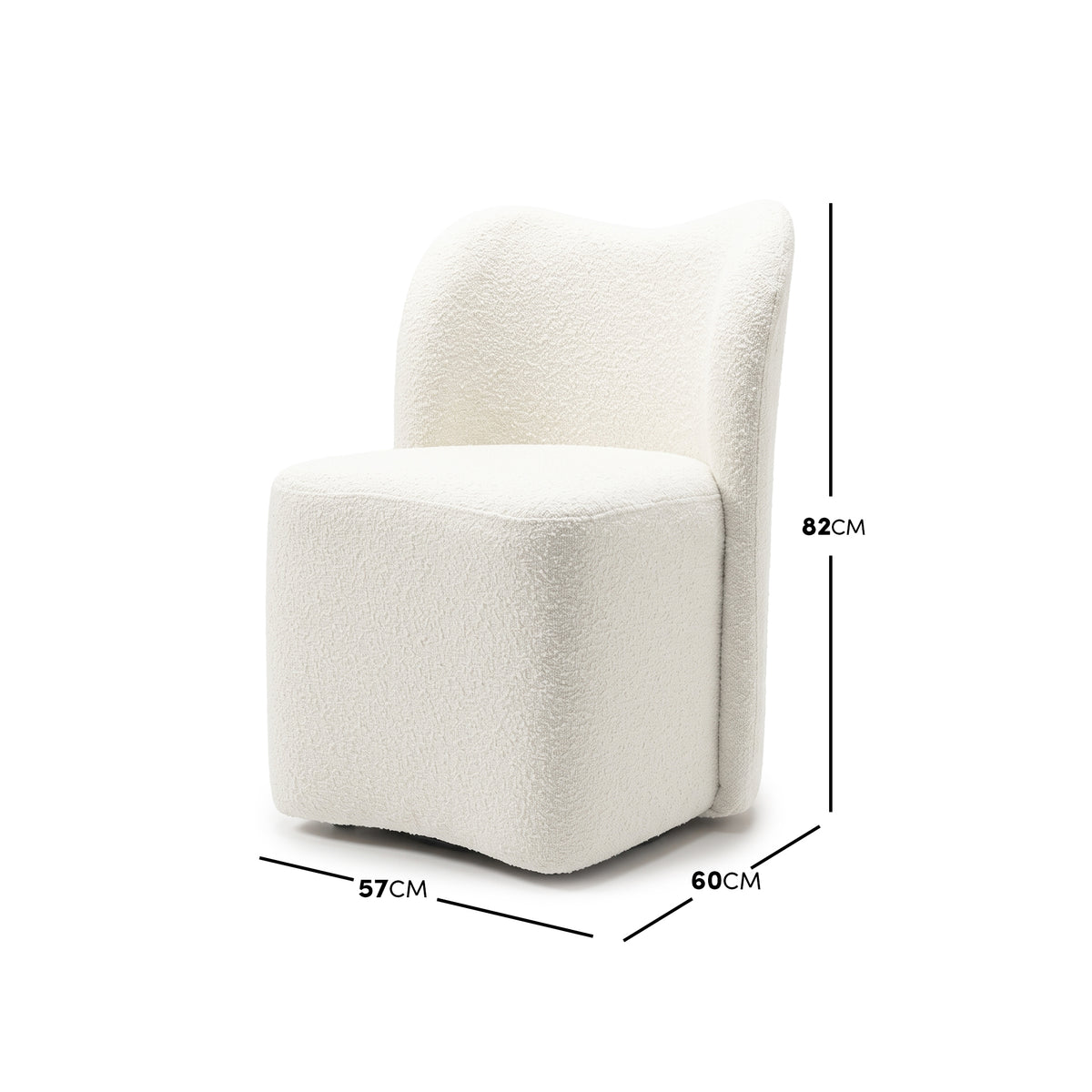 White accent chair with dimensions labeled 82cm high, 60cm wide, and 57cm deep