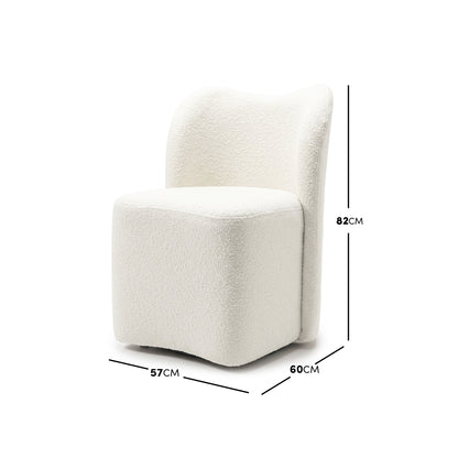 White accent chair with dimensions labeled 82cm high, 60cm wide, and 57cm deep