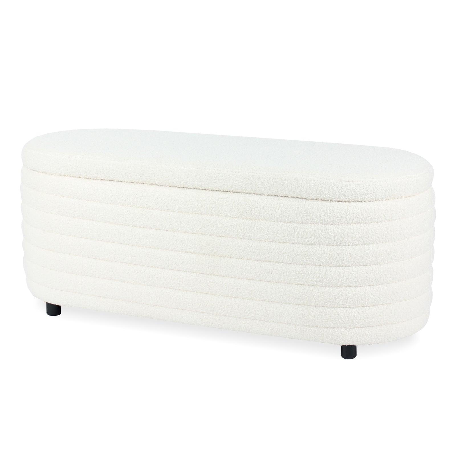 Hartwin 114cm Boucle Ottoman with Storage - Cream White; cream-white bouclé upholstered, low elongated design, rounded ends, ribbed sides, small black cylindrical feet, perfect for stylish storage and seating.