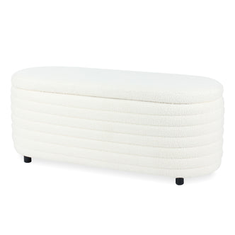 Hartwin 114cm Boucle Ottoman with Storage - Cream White; cream-white bouclé upholstered, low elongated design, rounded ends, ribbed sides, small black cylindrical feet, perfect for stylish storage and seating.