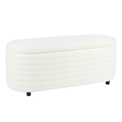 Hartwin 114cm Boucle Ottoman with Storage - Cream White, features a low, oval shape, creamy boucle fabric, rounded corners, horizontal tufting, and short black legs, offering both style and functionality.