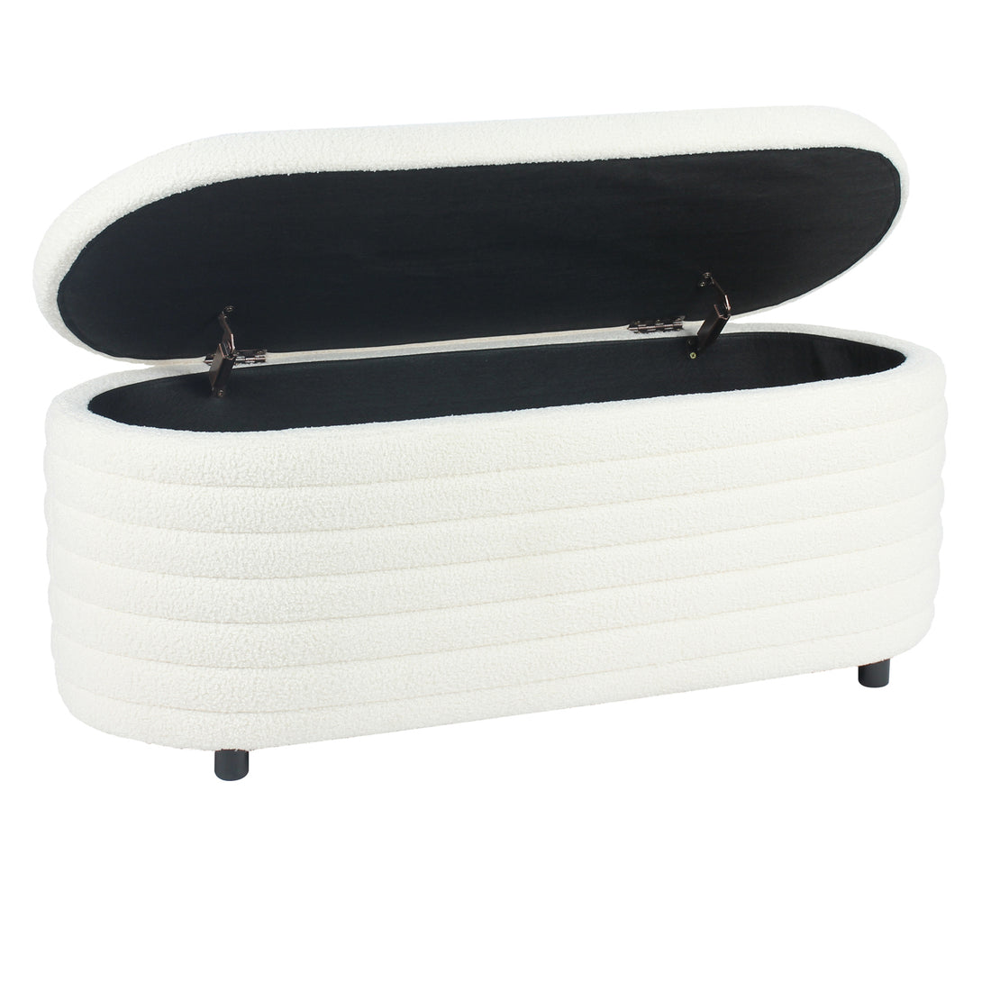 Hartwin 114cm Boucle Ottoman with Storage in Cream White, featuring a long oval shape, hinged top revealing black-lined storage, boucle upholstery, subtle horizontal channeling, and cylindrical feet for a modern touch.