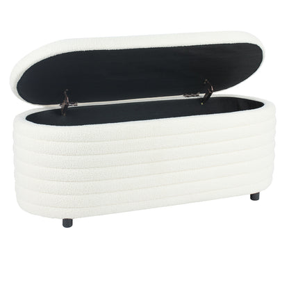 Hartwin 114cm Boucle Ottoman with Storage in Cream White, featuring a long oval shape, hinged top revealing black-lined storage, boucle upholstery, subtle horizontal channeling, and cylindrical feet for a modern touch.