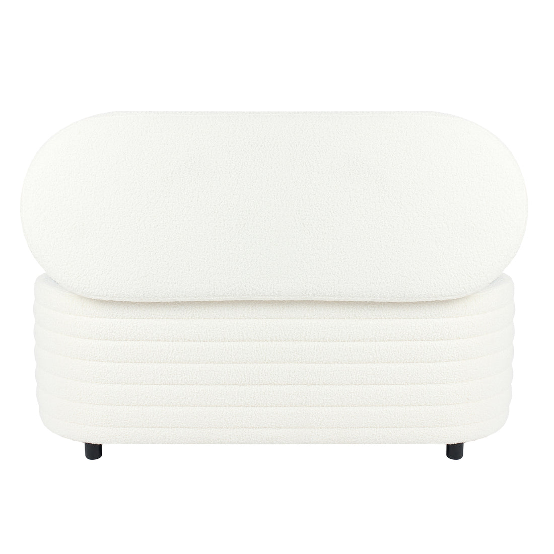 Hartwin 114cm Boucle Ottoman with Storage - Cream White: A modern off-white upholstered bench with a rounded seat and oval backrest, featuring short black legs and hidden storage beneath the cushion.