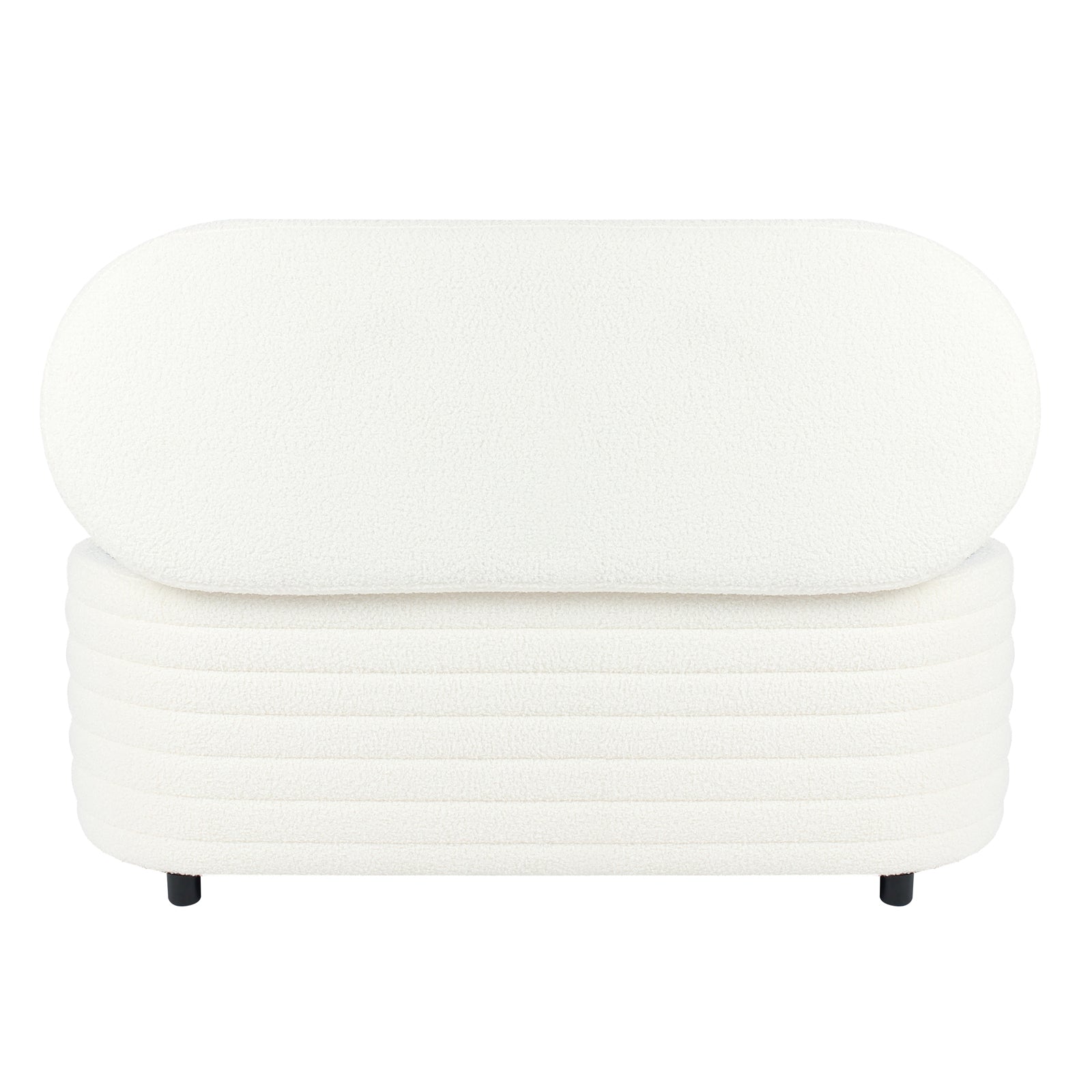 Hartwin 114cm Boucle Ottoman with Storage - Cream White: A modern off-white upholstered bench with a rounded seat and oval backrest, featuring short black legs and hidden storage beneath the cushion.