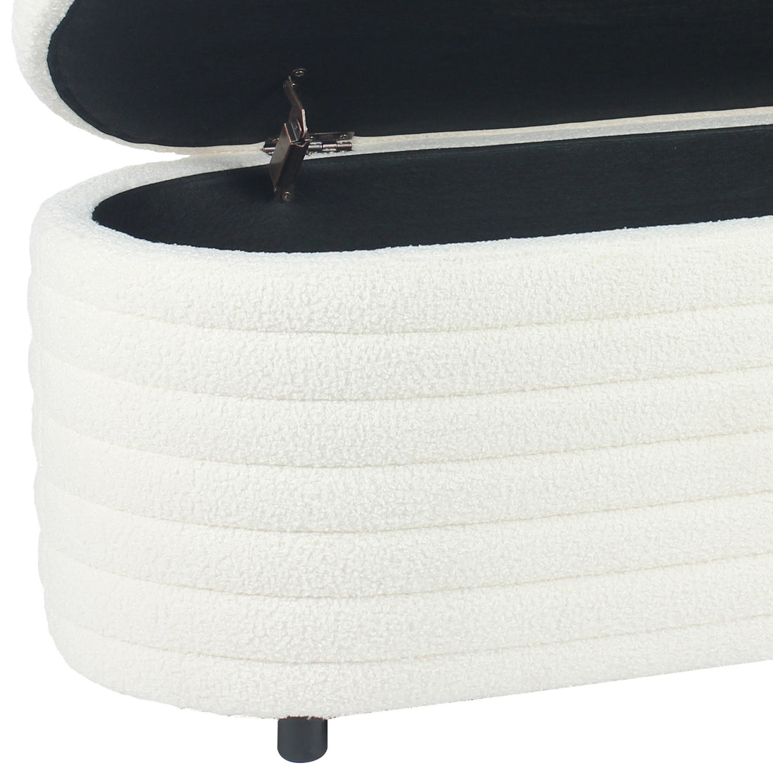 Hartwin 114cm Boucle Ottoman with Storage in Cream White features a looped fabric, open hinged top revealing black interior, short round feet visible.