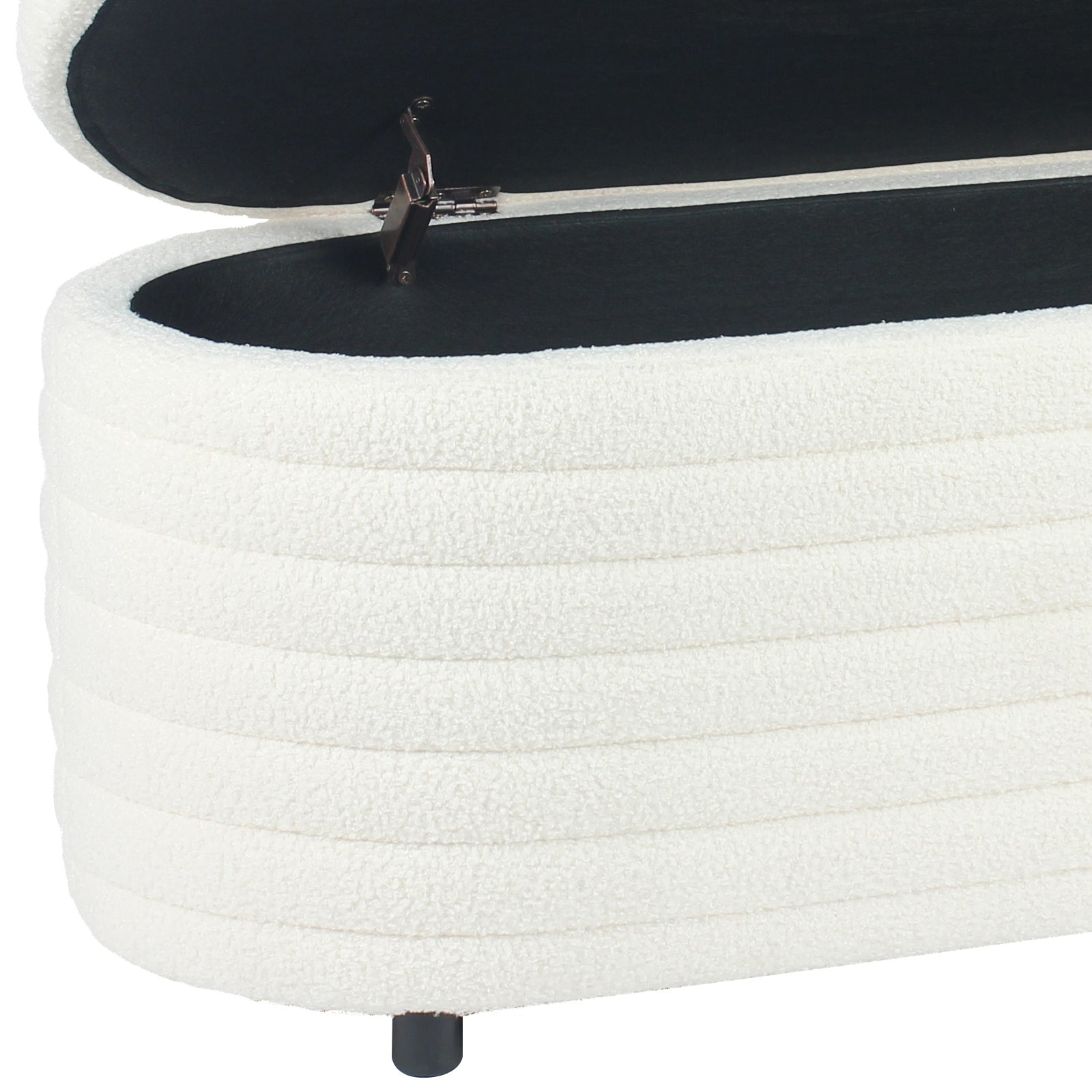 Hartwin 114cm Boucle Ottoman with Storage in Cream White features a looped fabric, open hinged top revealing black interior, short round feet visible.