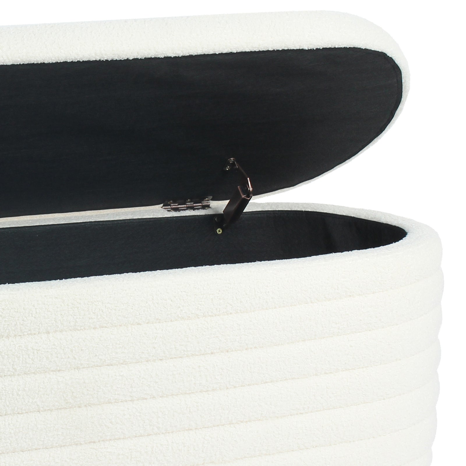 Hartwin 114cm Boucle Ottoman with Storage shown open, revealing dark interior and metal hinges, upholstered in textured boucle fabric, showcasing its practical storage and seating functionality.