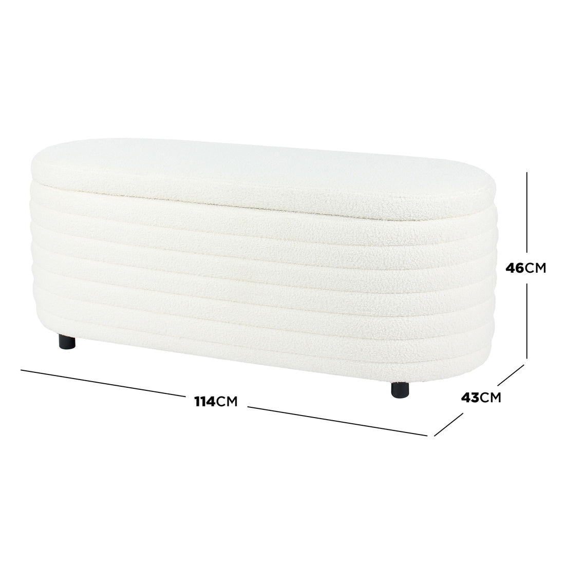 Hartwin 114cm Boucle Ottoman with Storage in Cream White, featuring off-white bouclé fabric, four black legs, and a low, oval shape, perfect for bedroom decor and additional storage.