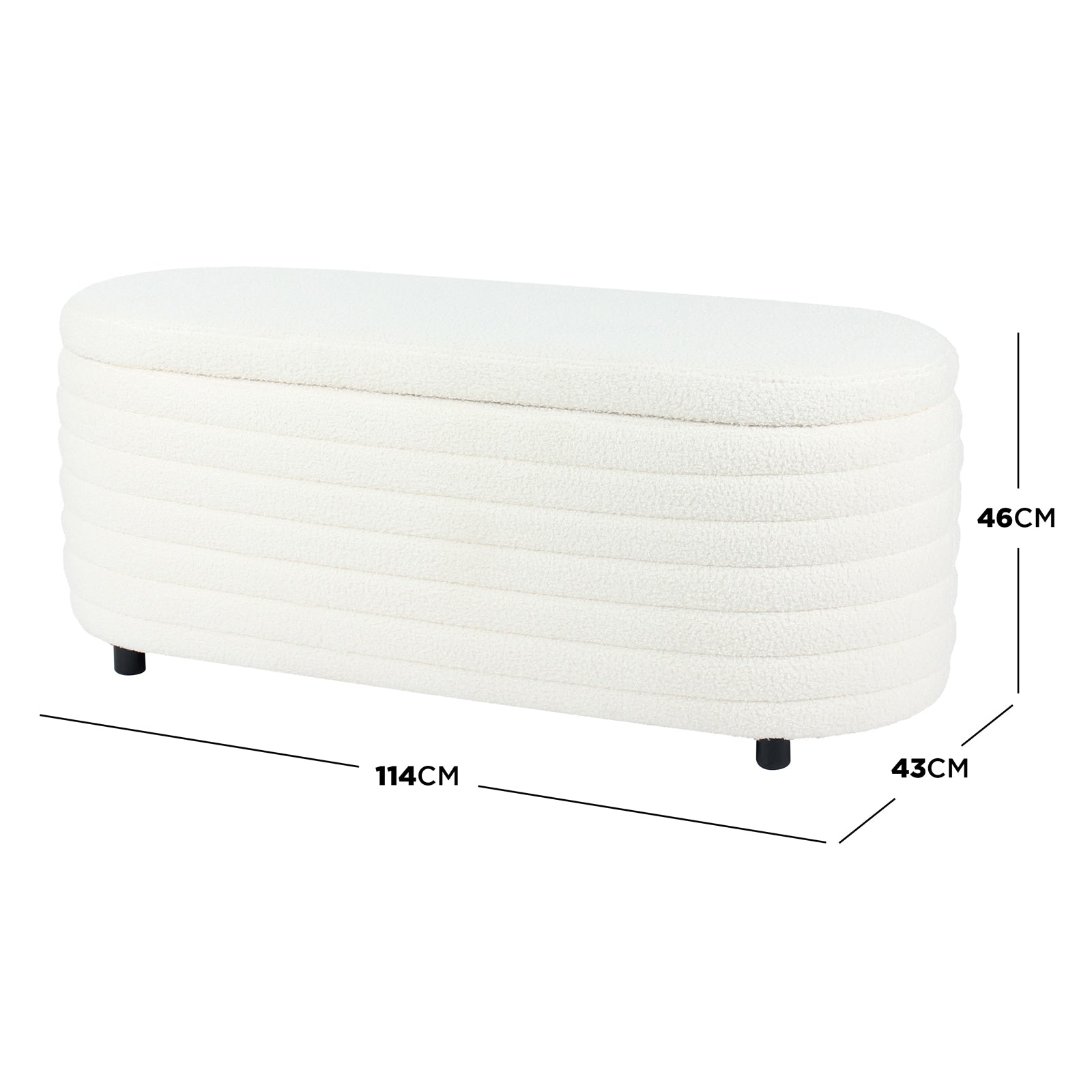Hartwin 114cm Boucle Ottoman with Storage in Cream White, featuring off-white bouclé fabric, four black legs, and a low, oval shape, perfect for bedroom decor and additional storage.